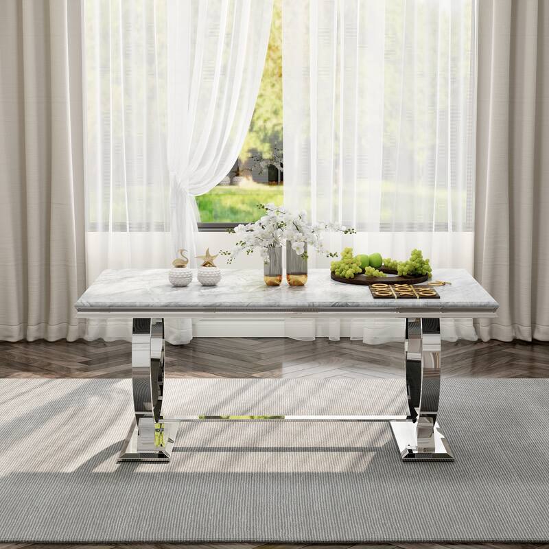 White and Gold Dining Room Table Set with 72 inch Table and White PU Leather Dining Chairs