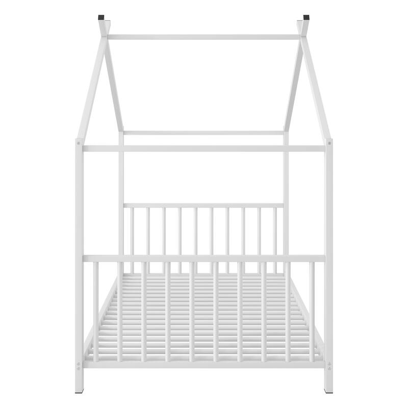 Twin Size White Metal House Platform Bed with Slat Kit, Easy Assembly