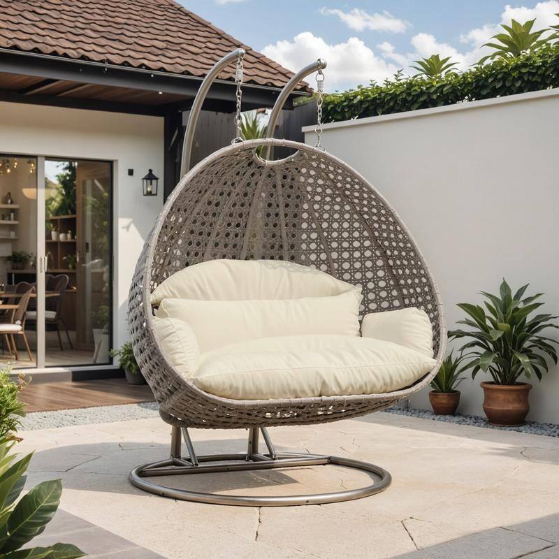 LeisureMod Modern 2-Person Egg Hanging Swing Chair with Beige Wicker, Oxford Fabric Cover, Patio Hammock Lounger and Cushions