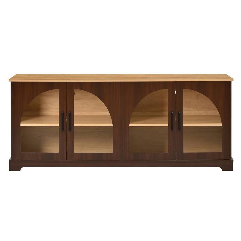 Farmhouse TV Stand for TVs up to 70" with Semi-Arched Glass Doors, Two-Tone Media Console with Adjustable Shelves