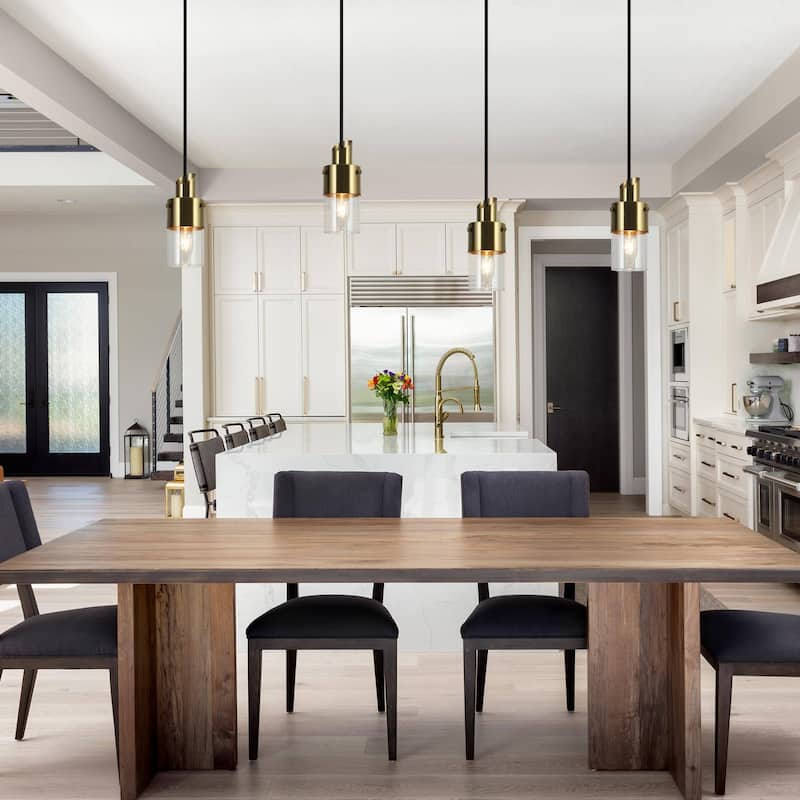 Mid-Century Modern 1-Light Gold Hanging Pendant Lights Cylinder Glass Kitchen Island Lights - 3"L