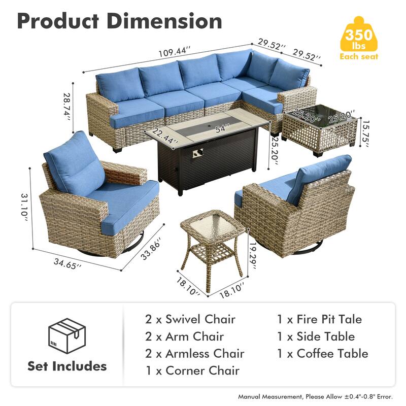 OVIOS 10 Pieces T shaped Seat Wide Armrest Swivel Chair Set With Solar-Powered Table&Fire Pit