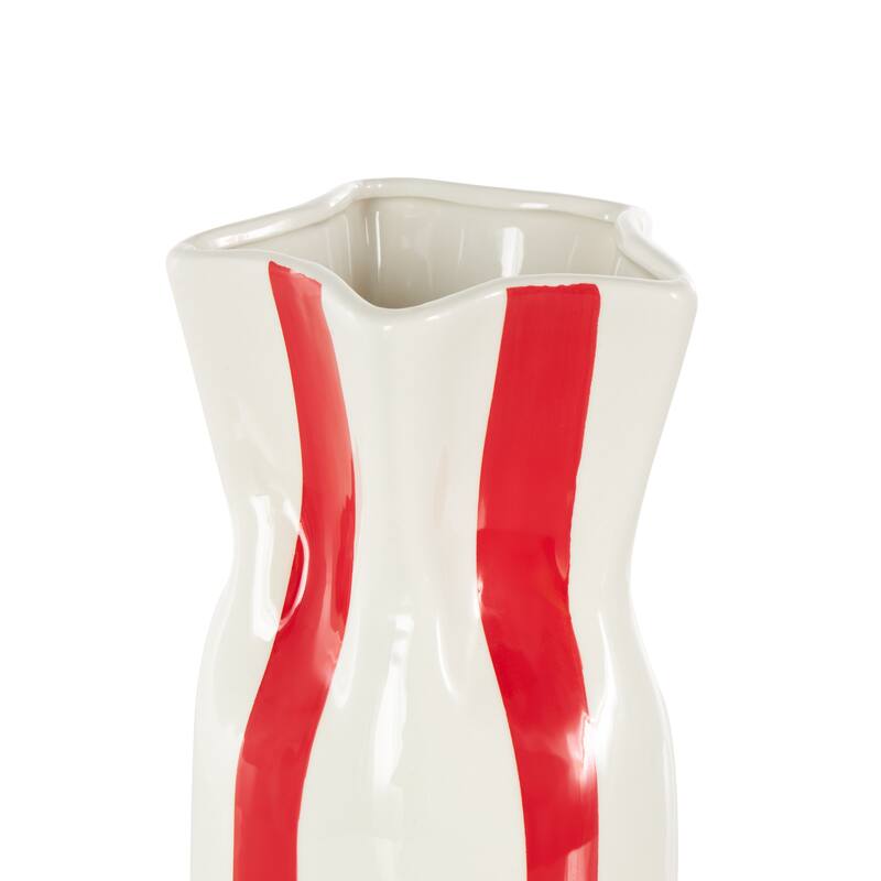 Ceramic Round Decorative Vase with Red or Teal Vertical Stripes - White - Roche River Decor