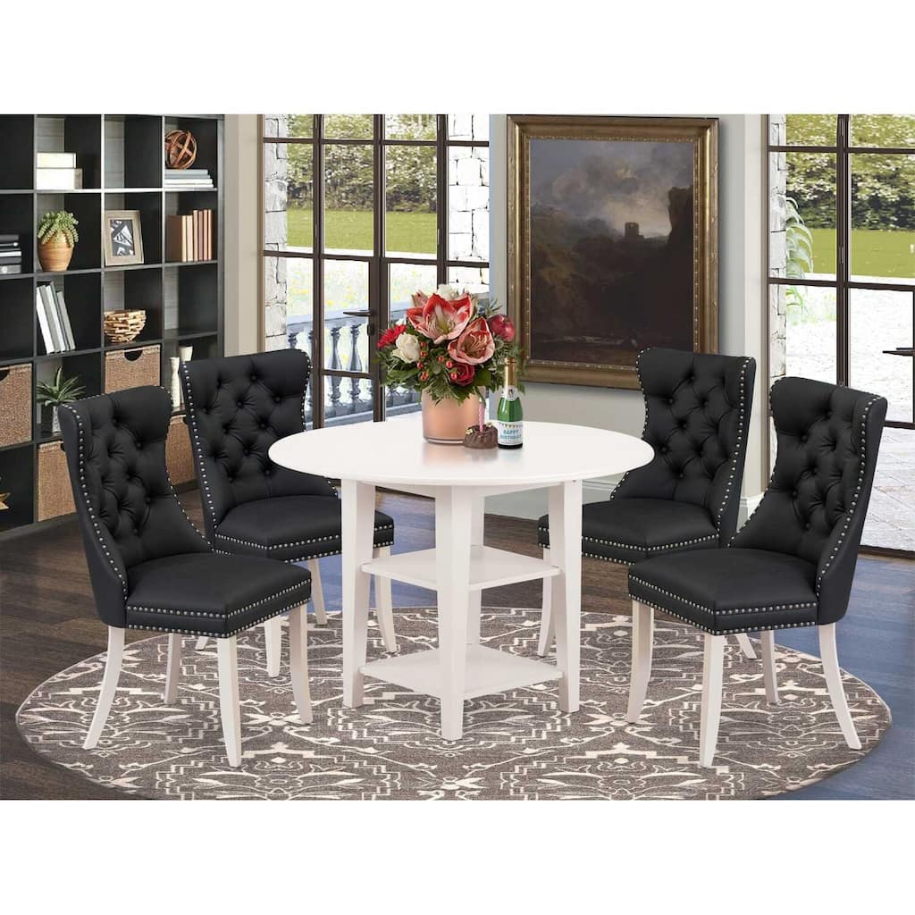 5-Piece Linen White Finish Solid Wood Top - Round Dining Room Set - Seats 4