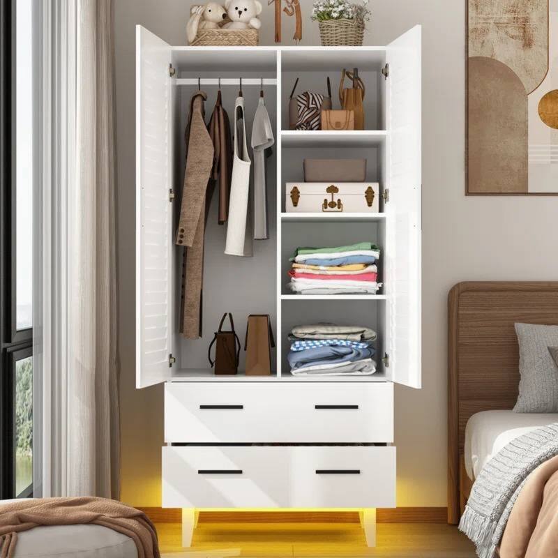Contemporary Pine Wood Wardrobe with Adjustable Shelves LED Lighting Drawers and Louver Doors - 71'' H X 31.51'' W X 19.72'' D