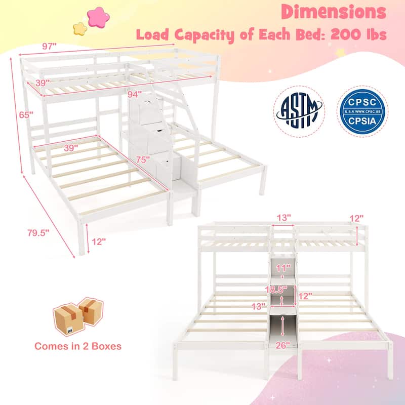 Bunk Bed for 3 Kids, Twin Over Twin with Storage Staircase and Safety Guardrails