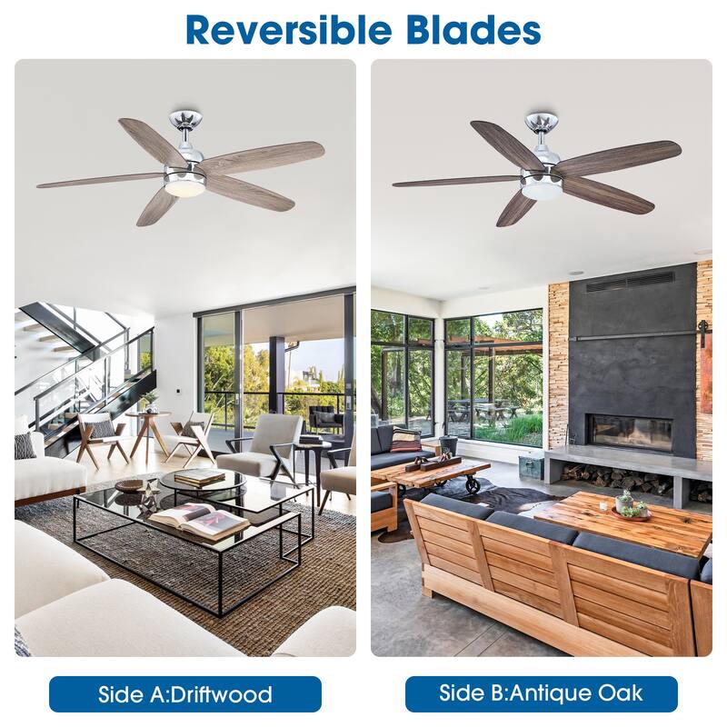 52-inch Chrome Modern Reversible LED Ceiling Fan with Light and Remote - 52 in. D x 52 in. W x 14.6 in. H