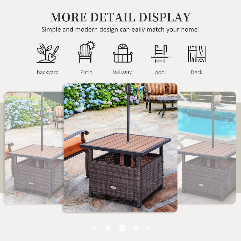 Outdoor Rattan Wicker Side Table with Steel Frame, Umbrella Insert Hole and Sand Bag, Brown