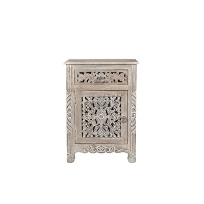 30" Distressed Gray One Drawer Carved Floral Solid Wood Nightstand