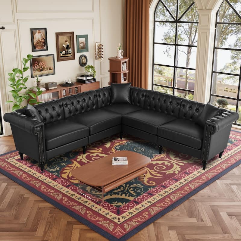 99.49" L-Shaped PU Leather Sectional Sofa with Nailhead