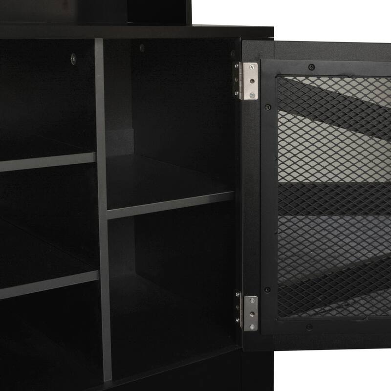 Breathable Hall Tree Cabinet Coat Rack with Adjustable Shelves & Bench Seat, Shoe Storage Cabinet with Wire Mesh Door
