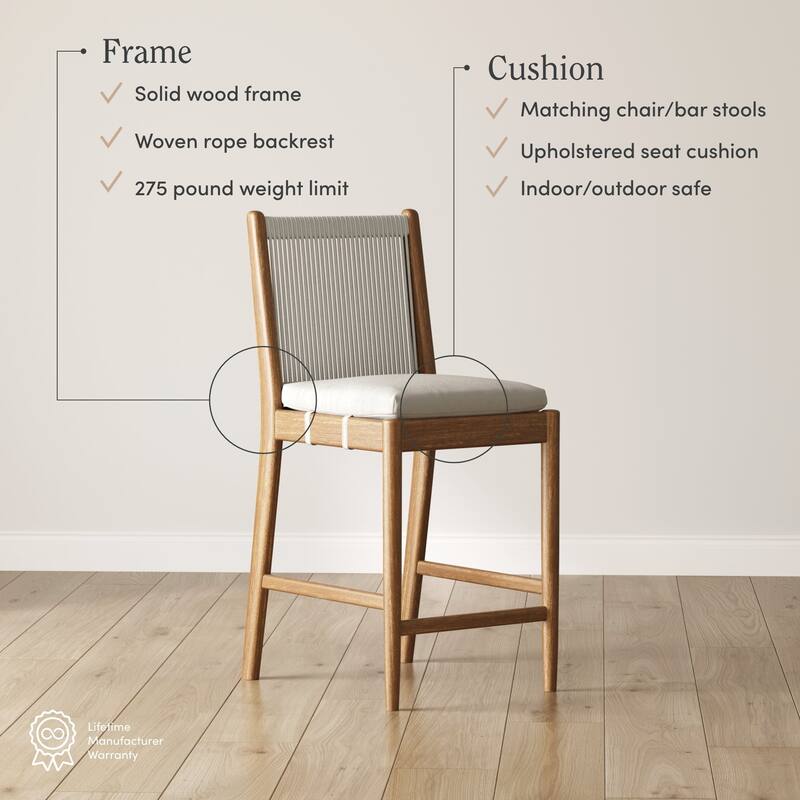 Kayden Solid Wood Dining Chair or Bar Stool with Woven Rope Backrest, Upholstered Stool for Kitchen or Bar
