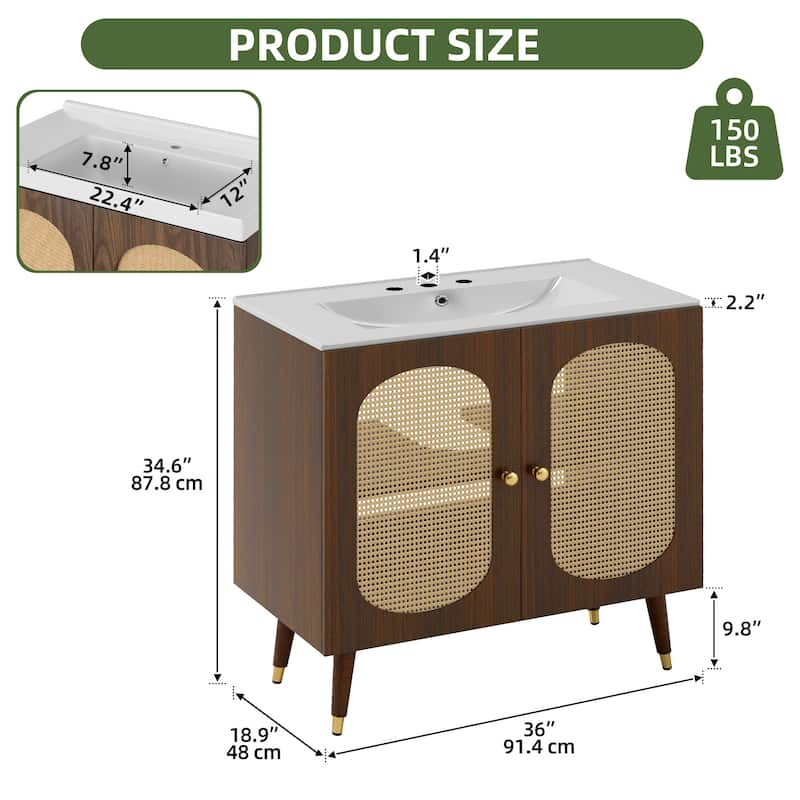 36" Rattan Boho Bathroom Vanity with Sink