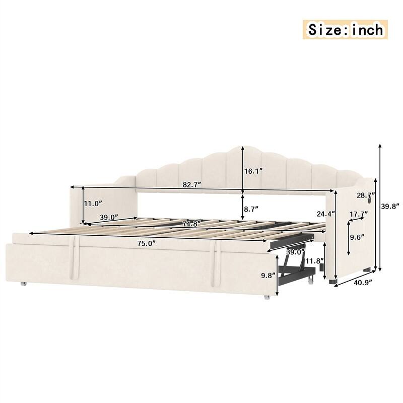 Twin Size Daybed with Adjustable Height Pop Up Trundle and USB Charging Port, Upholstered Sofa Bed Frame with 2 Side Pockets