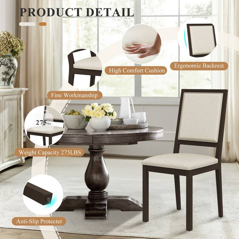 Farmhouse Set of 2 Upholstered Dining Chairs - Rustic Wood Legs & Fabric Seats for Kitchen, Dining Table