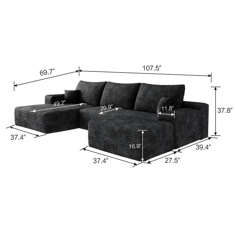 Living Room Corduroy U-shaped Chaise Sectional Sofa with Ottoman, Modern Floor Standing Deep Seat Cloud Upholstered Couch