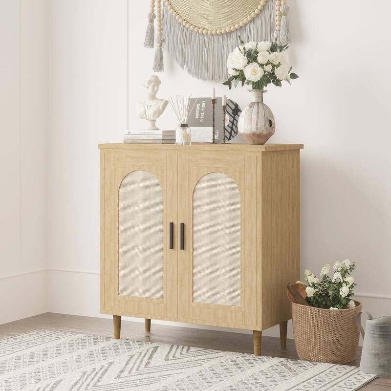 Sideboard Buffet Kitchen Storage Cabinet with Rattan, Solid Wood Feet for Living Room