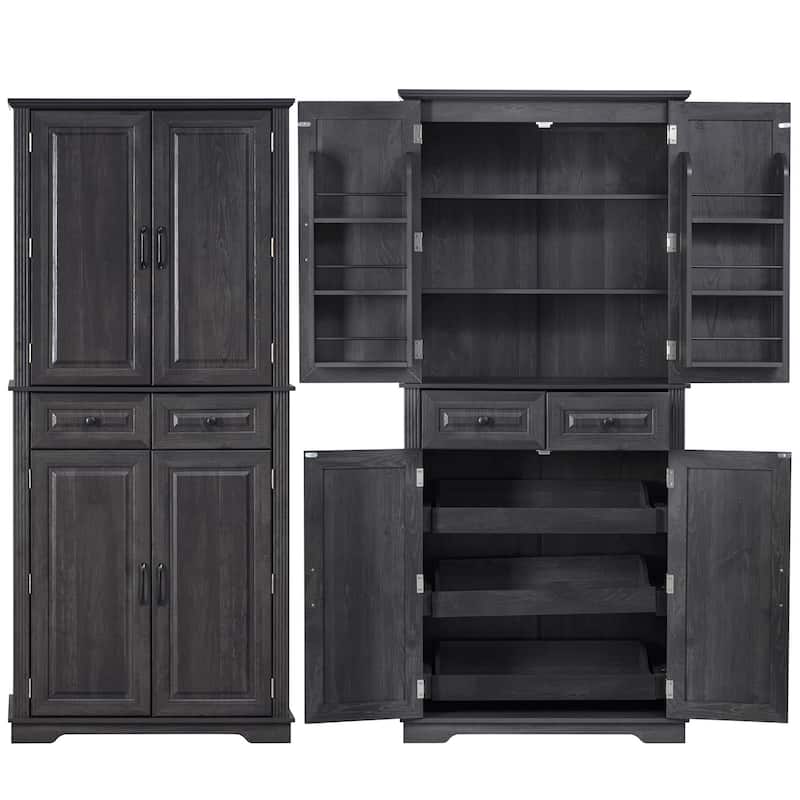 71"Tall Kitchen Pantry Cabinet with 3 Pull Out Cabinet Organizers,Embossed Texture Storage Cabinet with 6 Door Shelves,2 Drawers