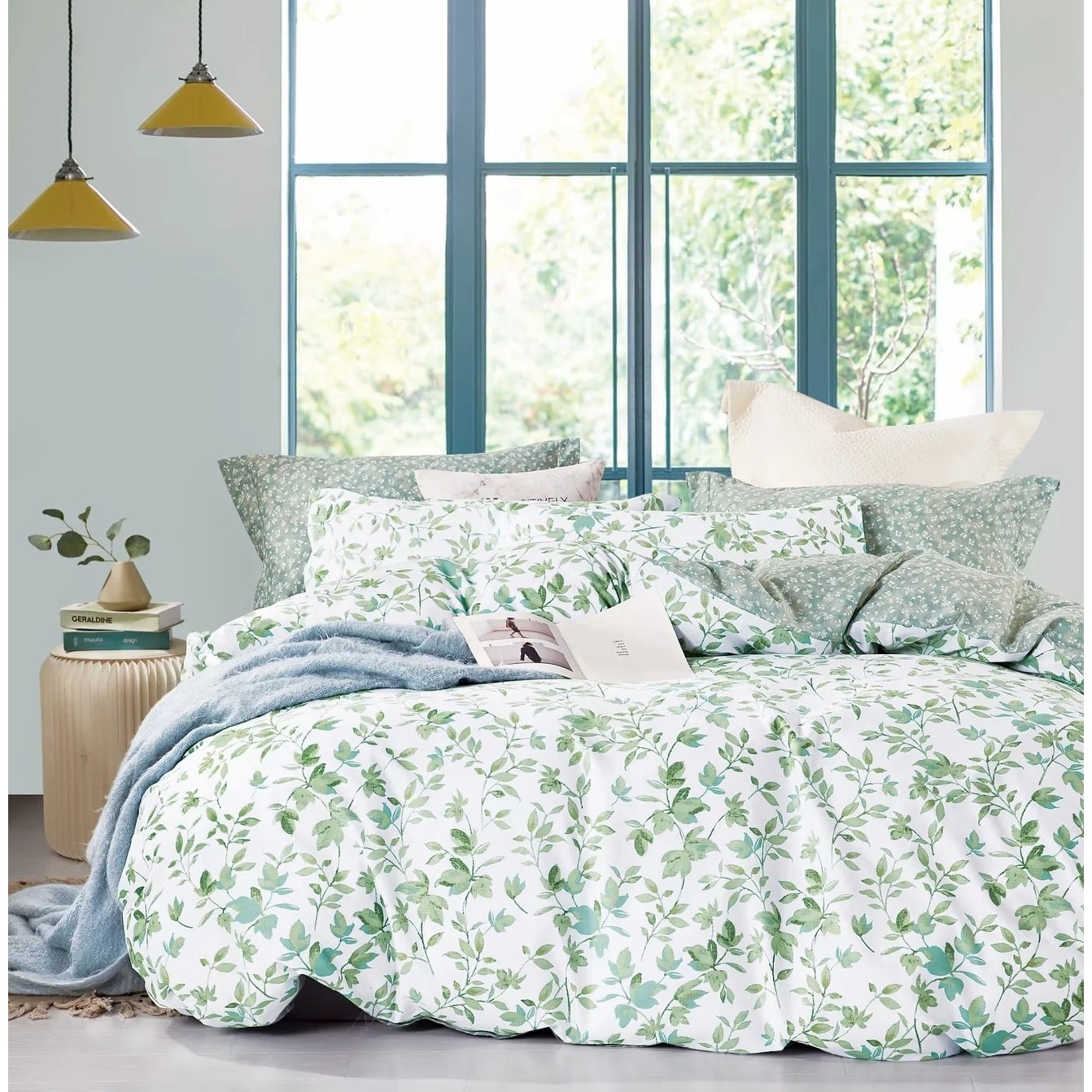 Bianca LEAF COTTON PRINT 100% Cotton Green Floral Duvet Cover Set or Throw 