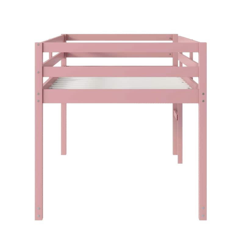 Pink Twin Loft Bed with Ladder, Rubber Wood Frame, Strengthened Slats, Low Height Design, Ample Under-Bed Storage