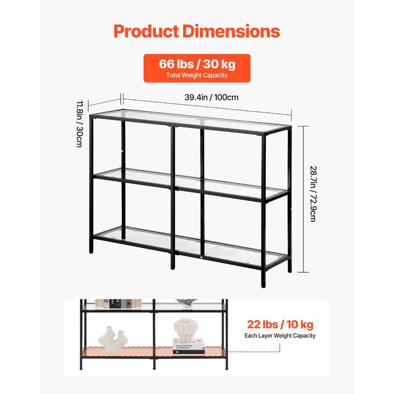 3-Tier Glass Console Table with Iron Legs for Living Room or Hallway - 39.4 x 11.8 x 28.7 in