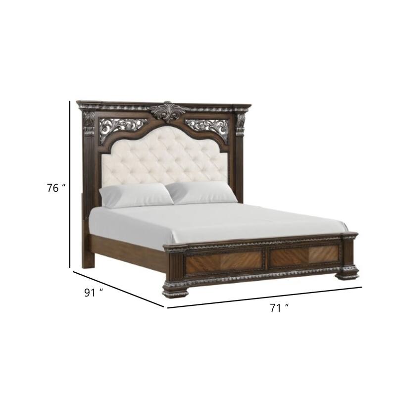 Naddy Queen Bed, White Fabric Pleated Upholstery, Espresso Brown Wood