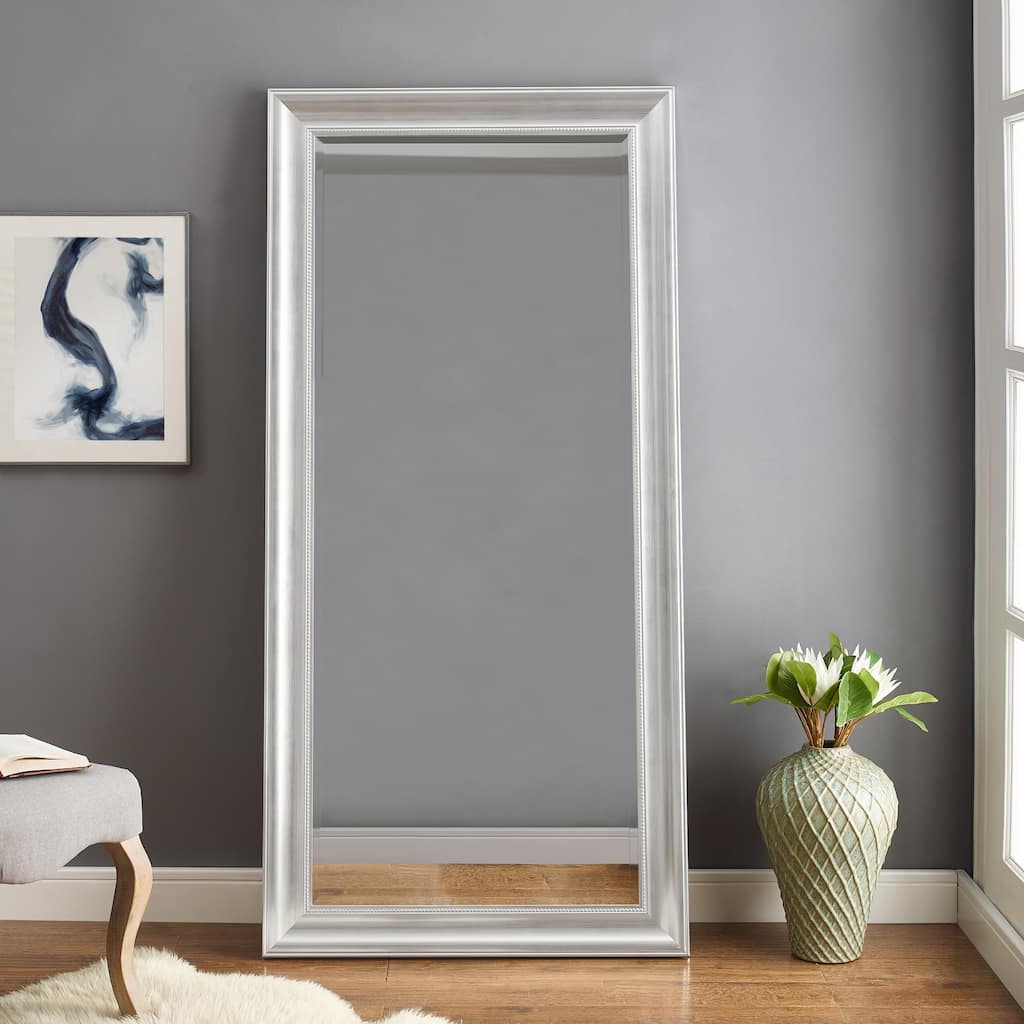 Beaded Framed Leaner Vertical Full Length Floor Mirror, Wall Decor Beveled Glass Mirror - 66" x 32", Silver