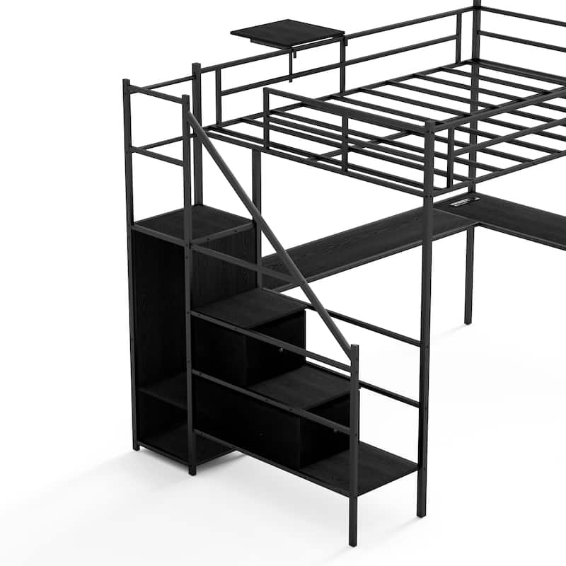 Full Size Metal Loft Bed with L-Shaped Desk, RGB LED Lighting, USB Charging Station, Wardrobe Cabinet, Drawers, Ladder