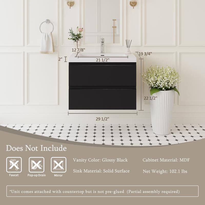 ABRUZZO 30" Floating Single Bathroom Vanity Wall-Mounted with Integrated Resin Top Basin 2 Soft Close Drawers Full Assembly