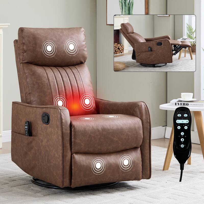 Heat Massage Manual Recliner Chair with Rocker and Swivel in Faux Leather for Living Room - Brown