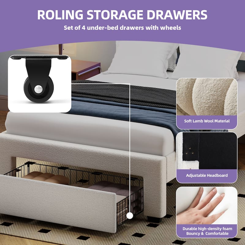 Adjustable Headboard Lamb Wool Bed Frame with Drawer and Charging Station & LED Lights