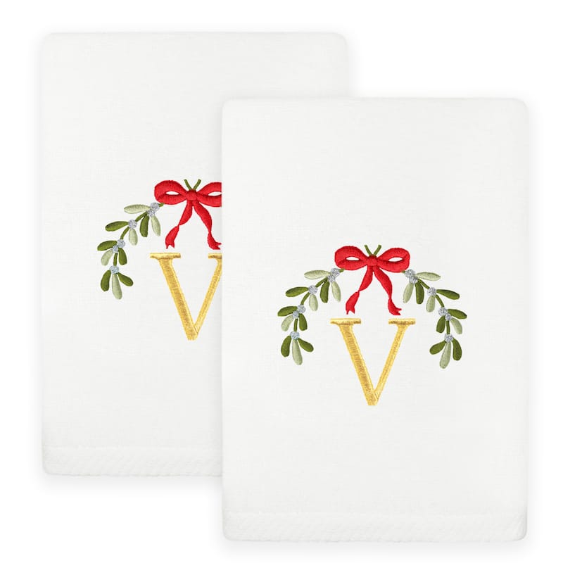 Authentic Hotel and Spa Christmas MISTLETOE MONOGRAM Embroidered Luxury 100% Turkish Cotton Hand Towels Set of 2 - V