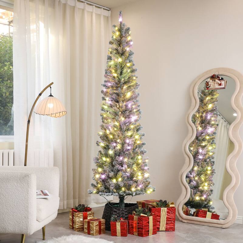 6/7.5/9FT Pre-Lit Flocked Pencil Artificial Christmas Tree with Dual Color LED Lights & Metal Stand