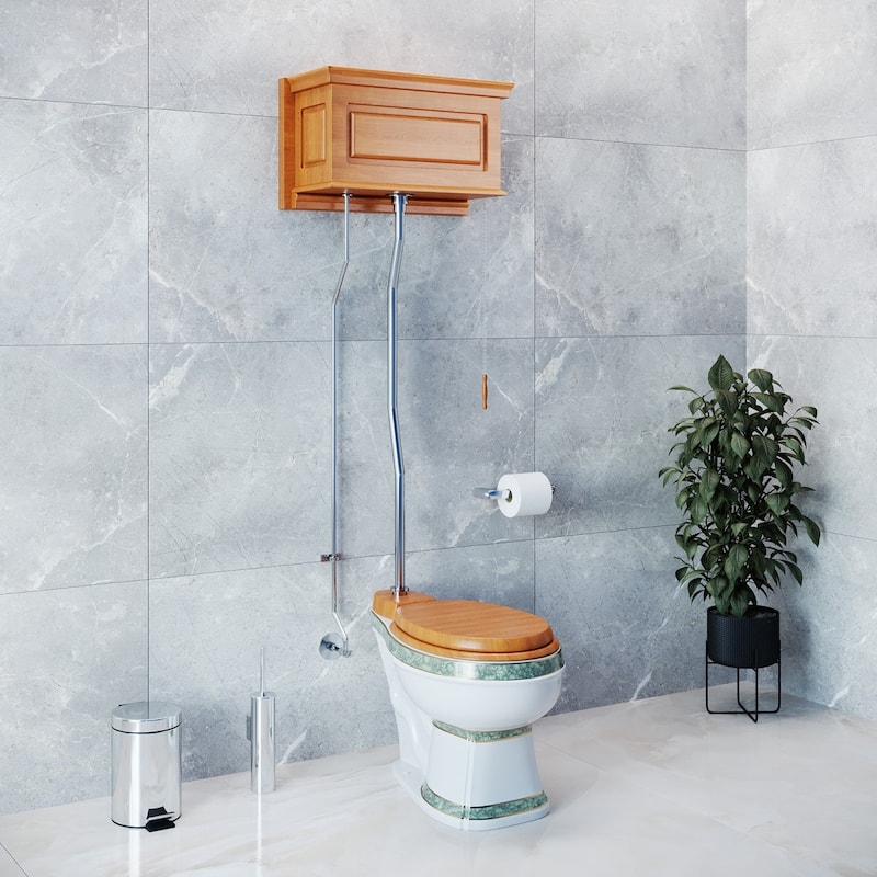 High Tank Pull Chain Toilet Light Oak Wooden Raised Tank 59" to 74" Chrome Z Pipe and Elongated White Bowl Renovators Supply