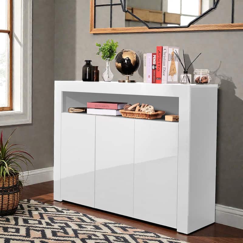 Modern White High Gloss Sideboard with LED Lights, 3 Door Storage Cabinet Buffet TV Stand for Living Room