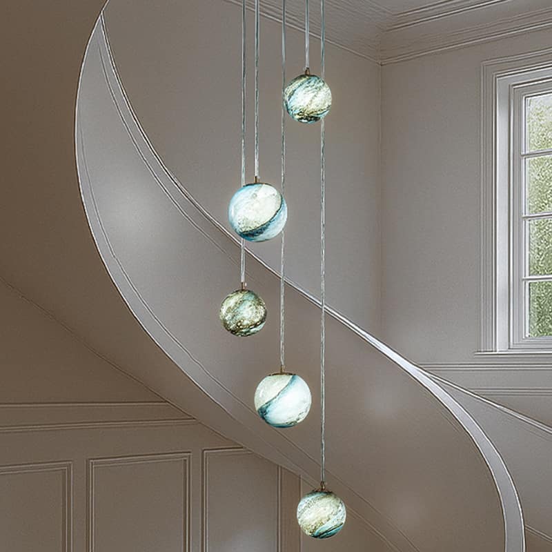 12'' 5-Light Modern Glazed Glass Globe Staircase Chandelier Coastal Handcrafted Glass Pendant In Matte Black - W12''