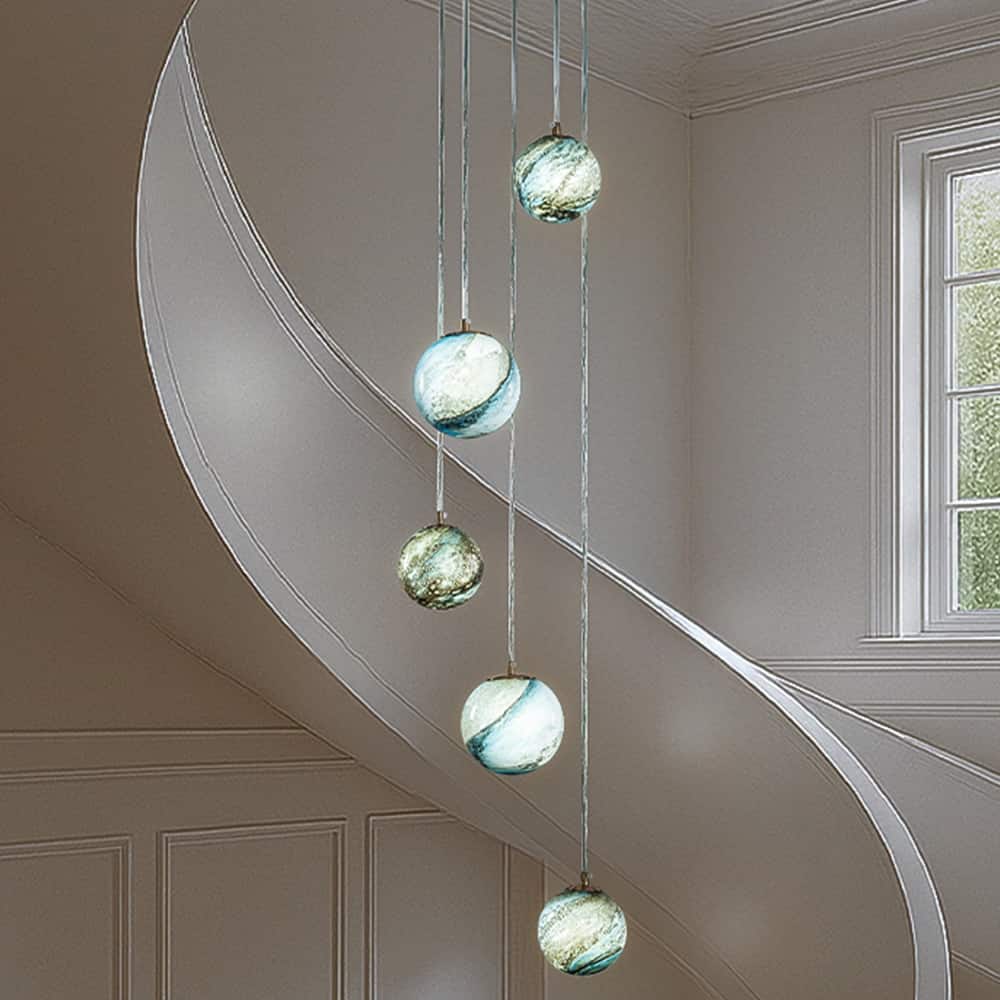 12'' 5-Light Modern Glazed Glass Globe Staircase Chandelier Coastal Handcrafted Glass Pendant In Matte Black - W12''