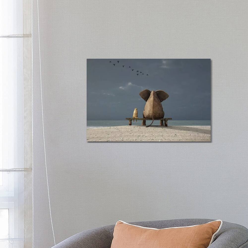 iCanvas "Elephant And Dog Sit On A Beach" by Mike Kiev Canvas Print