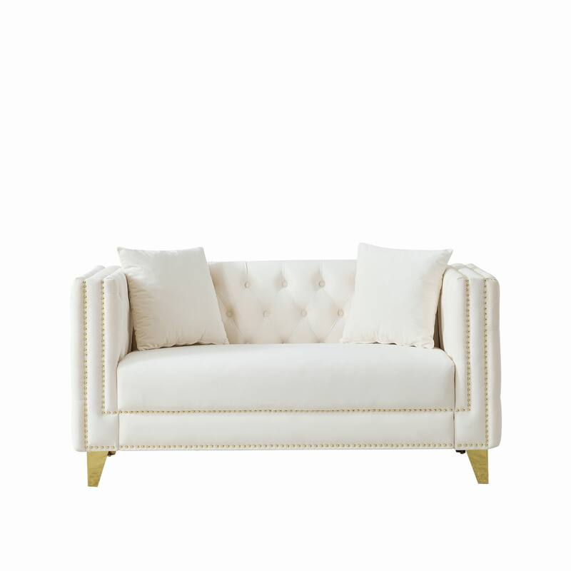 Roomfitters 58" Modern Tuxedo Loveseat with Buttoned Back and Gold Legs, Upholstered Couch with Double Nailhead Trim