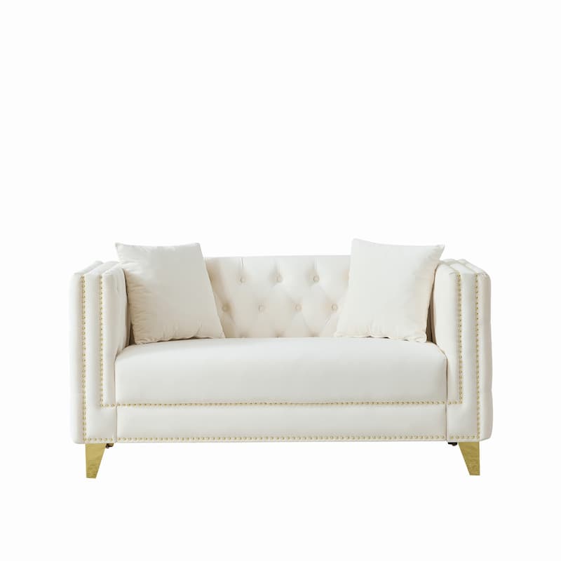 Velvet Upholstered Loveseat, Button Tufted 2 Seater Deep Seat Couche, Lounge Sofa with Nailhead Trims & Square Arms