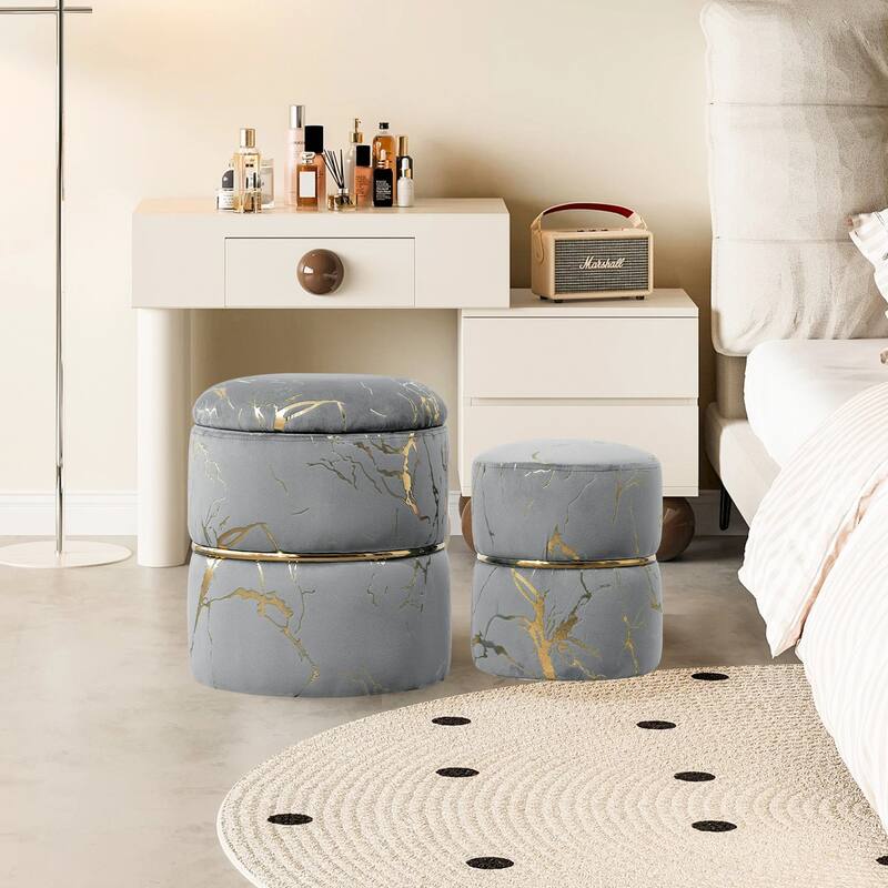 Round Ottoman Set of 2 with Storage,Sherpa Vanity Stool,Multifunctional Ottomans with Removable Lid, Foot Rest - Grey