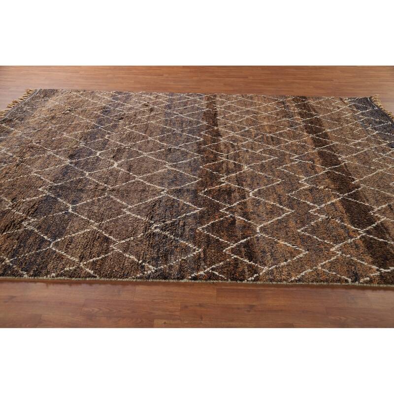 All-Over Brown Moroccan Area Rug Hand-Knotted Wool Carpet - 8'1" x 10'11"
