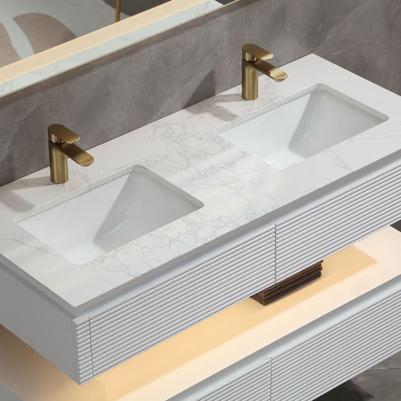 Modland 36/48 Inch LED Floating Vanity with Marble Top & Soft-Close Drawer - Green/White, Wall Drain Ready