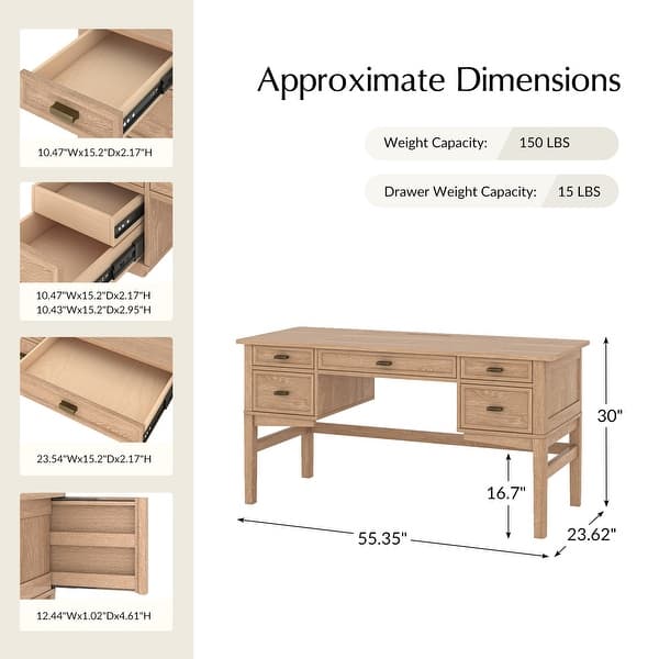 dimension image slide 1 of 2, Seraf Transitional 56" Wooden Desk with Hidden Drawers and Concealed Cable Hole by HULALA HOME