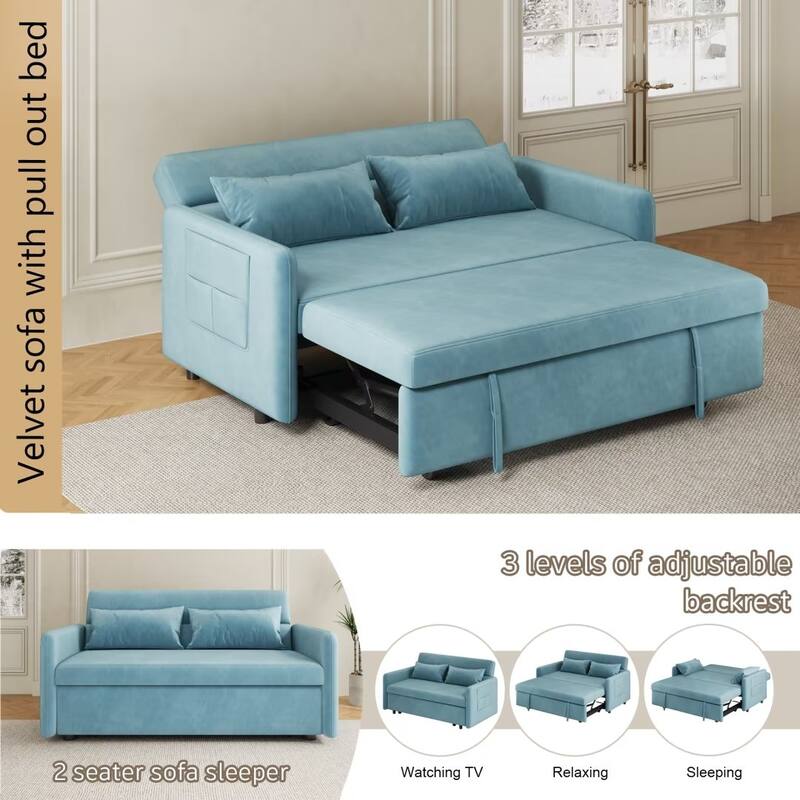 Sofa Pull Out Bed Included 2 Pillows Velvet Sofa for Small Spaces Teal
