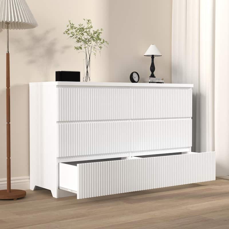 6 Drawer Storage Cabinet Dresser, Wood Storage Tower Clothes Organizer with Wavy Drawer Panel, Wide Chest of 6 Drawers