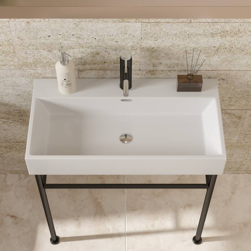 30" Ceramic Console Sink with Overflow, White Basin, Gold Stainless Steel Legs, Easy Installation