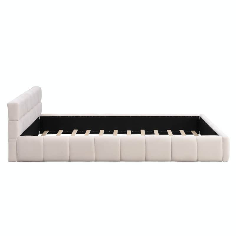 Elegant Beige Chenille Upholstered Bed with Checkerboard Pattern