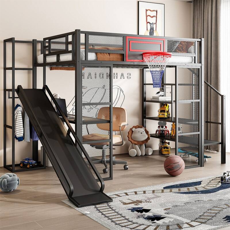 Full Size Metl Loft Bed with Open Wardrobe, Slide and Bulit-in Desk, Kids Loft Bedframe with Basketball Hoop and Storage Shelves - Black