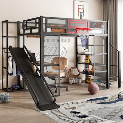 Full Size Metl Loft Bed with Open Wardrobe, Slide and Bulit-in Desk, Kids Loft Bedframe with Basketball Hoop and Storage Shelves